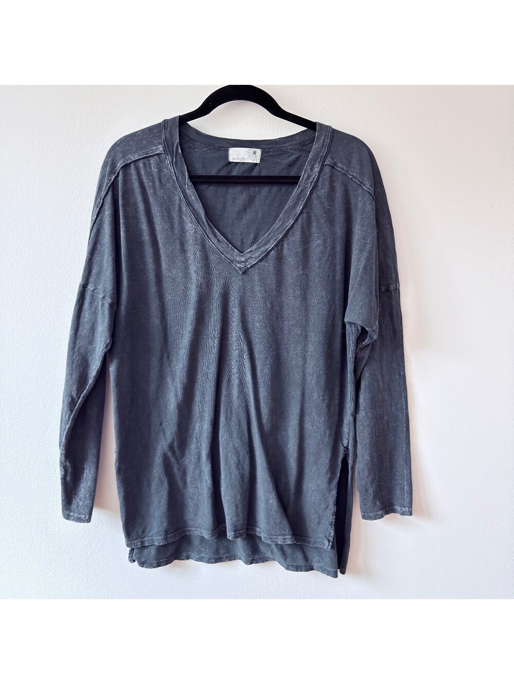Everleigh V-Neck Tunic Top Long Sleeve Oversized Mineral Wash Charcoal Blue
